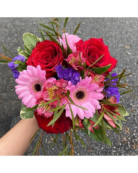 Handheld Bouquet - Reds, Purples, Pinks in Exton PA - Blossom Boutique Florist Handheld Bouquet - Reds, Purples, Pinks in Exton PA - Blossom Boutique Florist