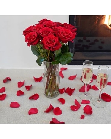 Dozen Red Rose Bouquet with Rose Petals Flower Arrangement