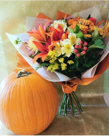 Designer Choice Fall Bouquet with Large Pumpkin Bouquet