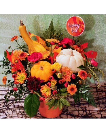 DESIGNER CHOICE HARVEST PUMPKIN WITH VASE Flower Arrangement