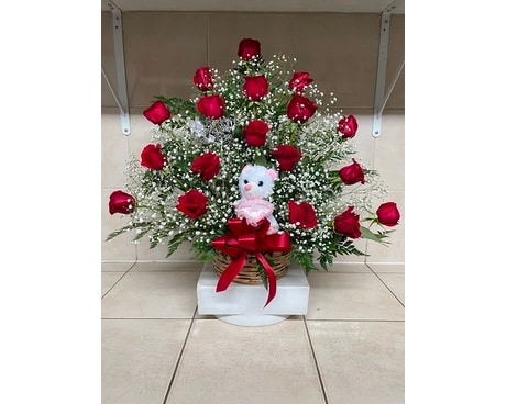 18 Red Rose Basket with Bear Flower Arrangement