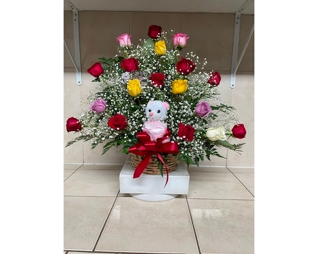 18 Assorted Colored Rose Basket with Bear Flower Arrangement
