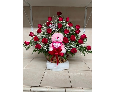 24 Red Rose Basket with Bear Flower Arrangement