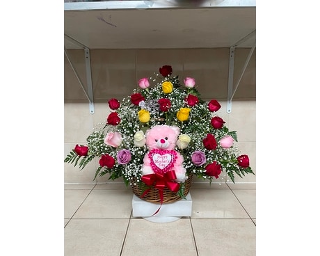24 Assorted Colored Roses with Bear Flower Arrangement