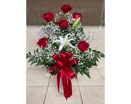 6 Red Roses Lily Vase Flower Arrangement