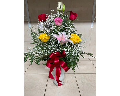 6 Assorted Color Rose Lily Vase Flower Arrangement