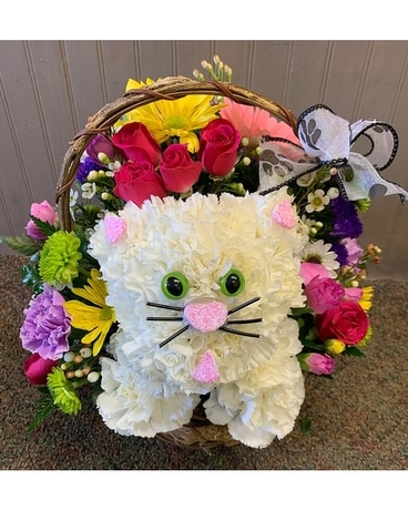 Cheerful Kitten Bouquet Basket Arrangement