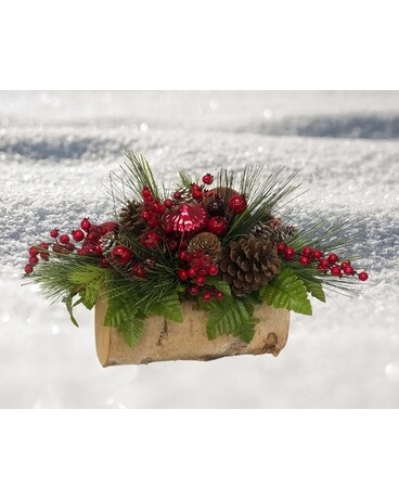 BRIGHT FESTIVE LOG Flower Arrangement