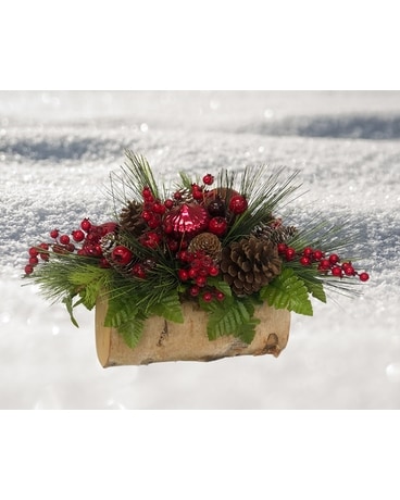BRIGHT FESTIVE LOG Flower Arrangement