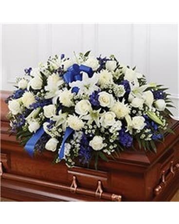 Blue & White Mixed Half Casket Cover Flower Arrangement