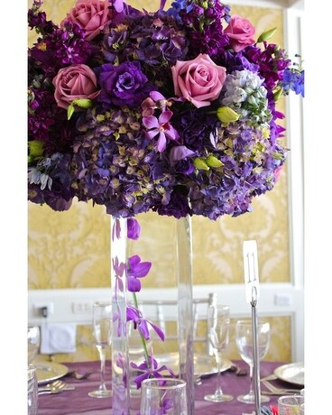Purple hydrangea, orchid and roses centerpiece Flower Arrangement