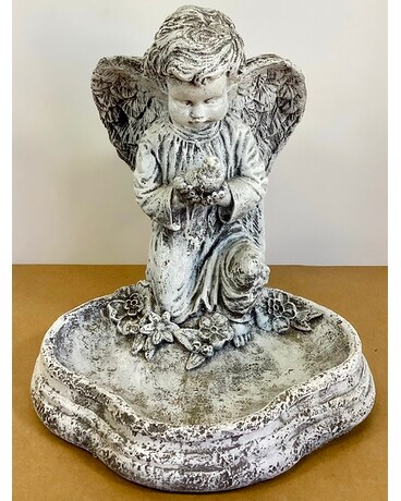 Child Angel Holding Bird with Flowers Flower Arrangement