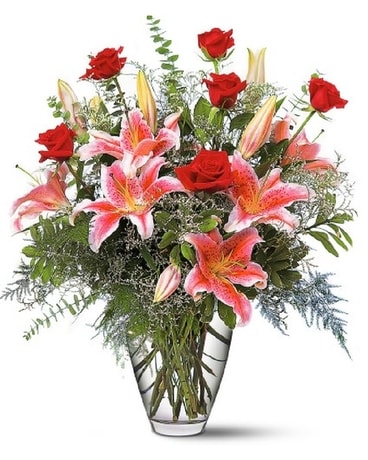 Red Roses and Lilies Flower Arrangement