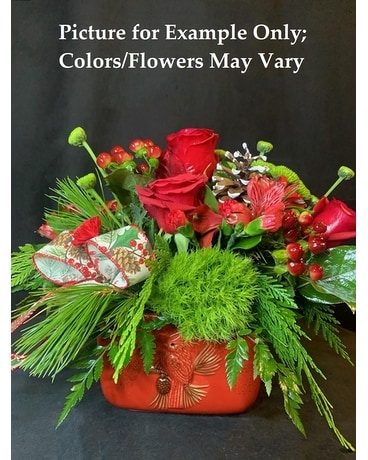 Edd's Cardinal Christmas Centerpiece Flower Arrangement