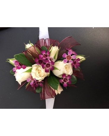 Prom Corsage in Ivory and Wine Corsage