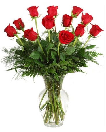 24 Red Vased Roses size,  inches height and  inches wide.