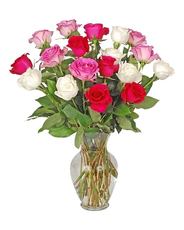 18 Mixed Pink and White Roses Flower Arrangement