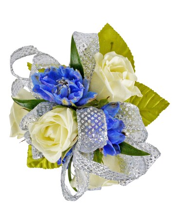 White Spray Roses with Blue Delphinium Corsage Corsage