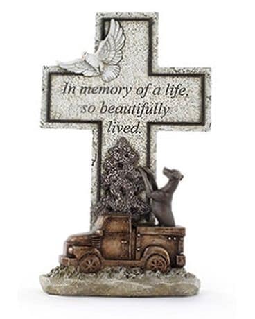 Hunting Dog with Truck Cross Statue Flower Arrangement