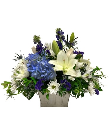 Beautiful Blue Basket Flower Arrangement