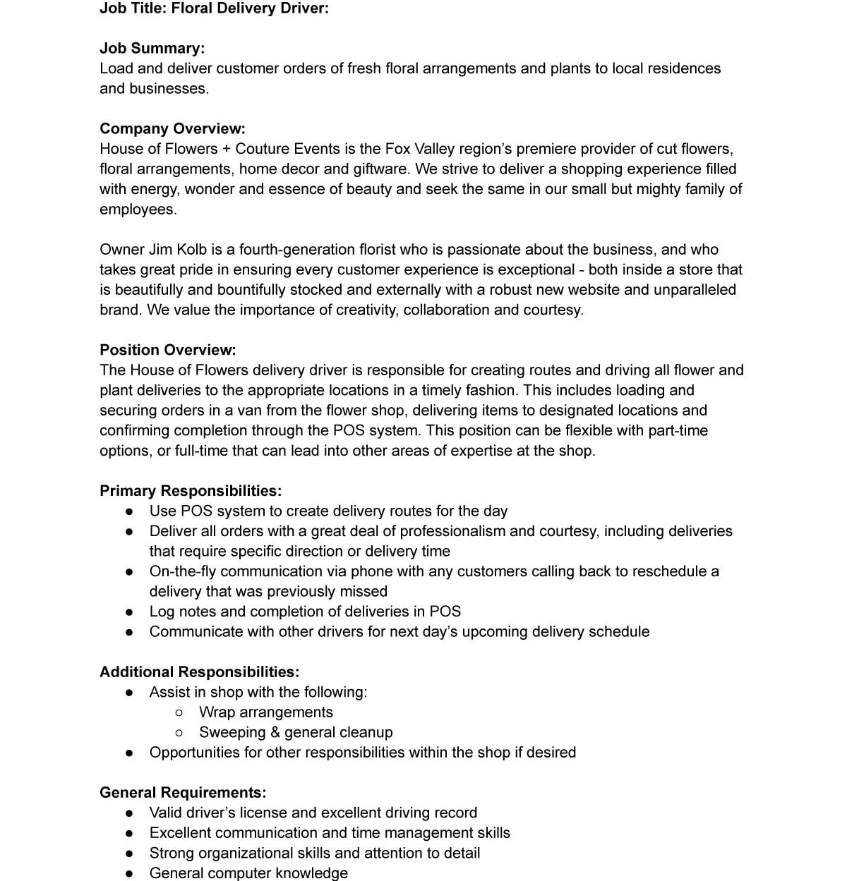 Delivery Driver Job Description