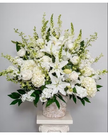 White Funeral Flowers Basket Funeral Arrangement