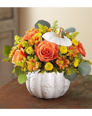 Plentiful White Pumpkin Flower Arrangement