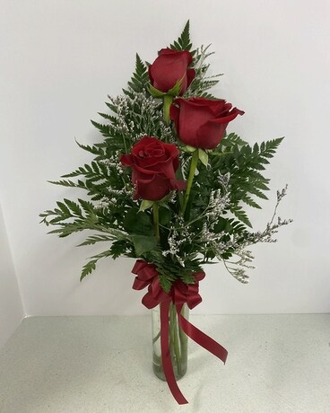 Three Rose Bud Vase Flower Arrangement