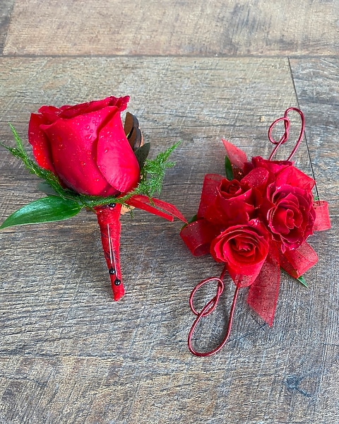 open lace back dress Red Rose Corsage or Boutionniere with Rhinestones main image 0