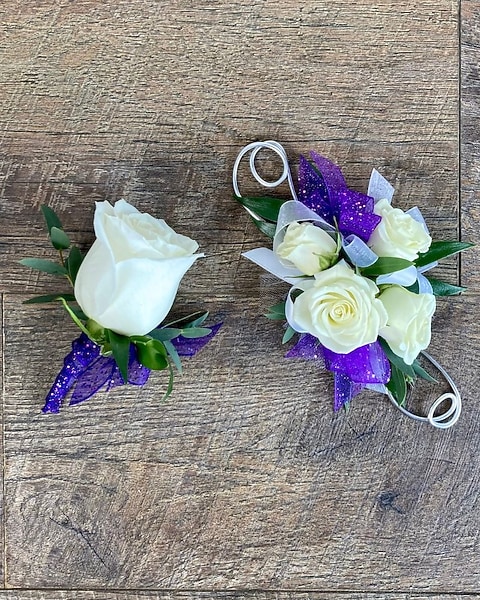 Wrist Corsage and Boutonniere: Royal Purple in Longmont CO 