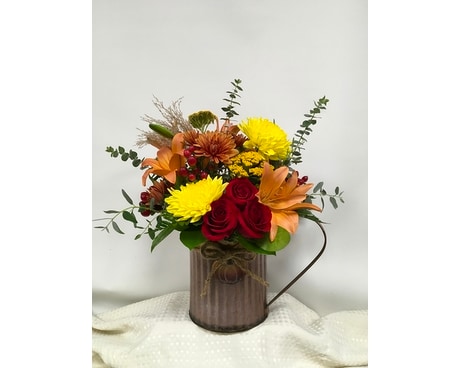 Galvanized Pumpkin Pitcher Flower Arrangement