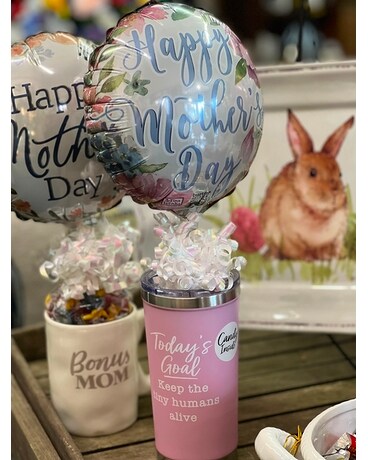 Mother's Day Tumbler w/ Candy & Balloon Flower Arrangement
