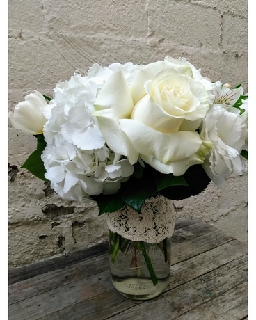 All White Mason Jar Flower Arrangement