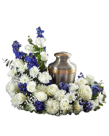 Blue & White Cremation Wreath Flower Arrangement