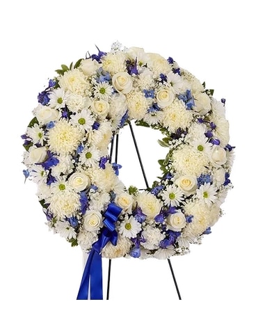 Serene Blessings Standing Wreath- Blue and White Flower Arrangement