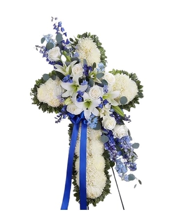 Peace & Prayers Standing Cross Blue & White Flower Arrangement