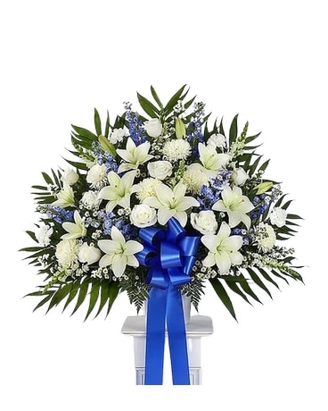 Heartfelt Sympathies Blue & White Standing Basket Flower Arrangement