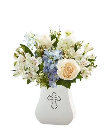 Sacred Blessings Blue & White Flower Arrangement