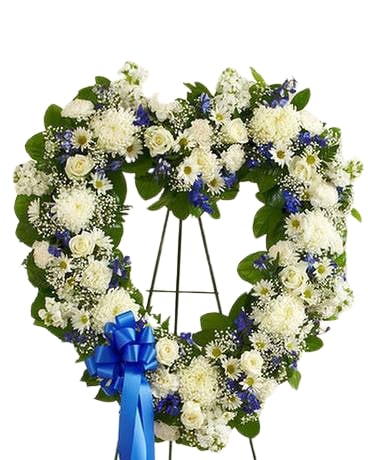 Always Remember Blue & White Floral Heart Tribute Flower Arrangement