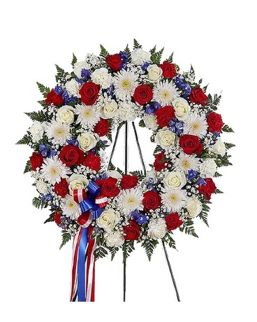 Serene Blessings Red, White & Blue Standing Wreath Flower Arrangement