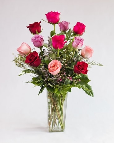 Colorful Dozen Roses Flower Arrangement