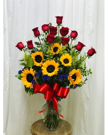 1 Dz. Red Rose + Sunflowers Flower Arrangement