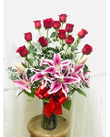 1 Dz. Red Rose + Stargazer Lilies Flower Arrangement