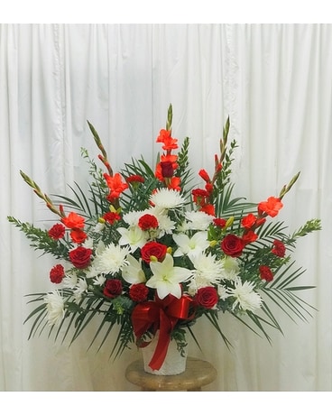 Traditional Funeral Basket (Red & White) Flower Arrangement