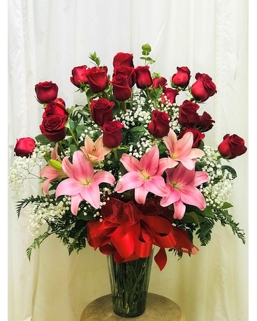 2 Dz. Red Roses + Pink Lilies Flower Arrangement