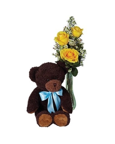 Bear and Yellow Roses Flower Arrangement