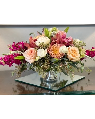 Silver Compote Centerpiece Flower Arrangement