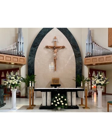 Blue Blossom Church Wedding Arrangement
