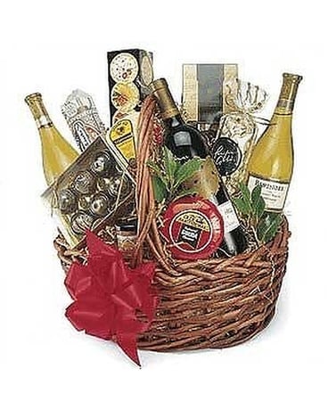 Wine Gourmet Basket Flower Arrangement