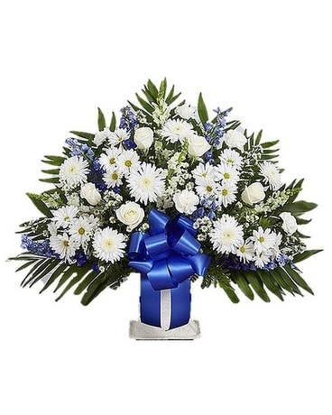 Heartfelt Tribute Blue & White Floor Basket Flower Arrangement